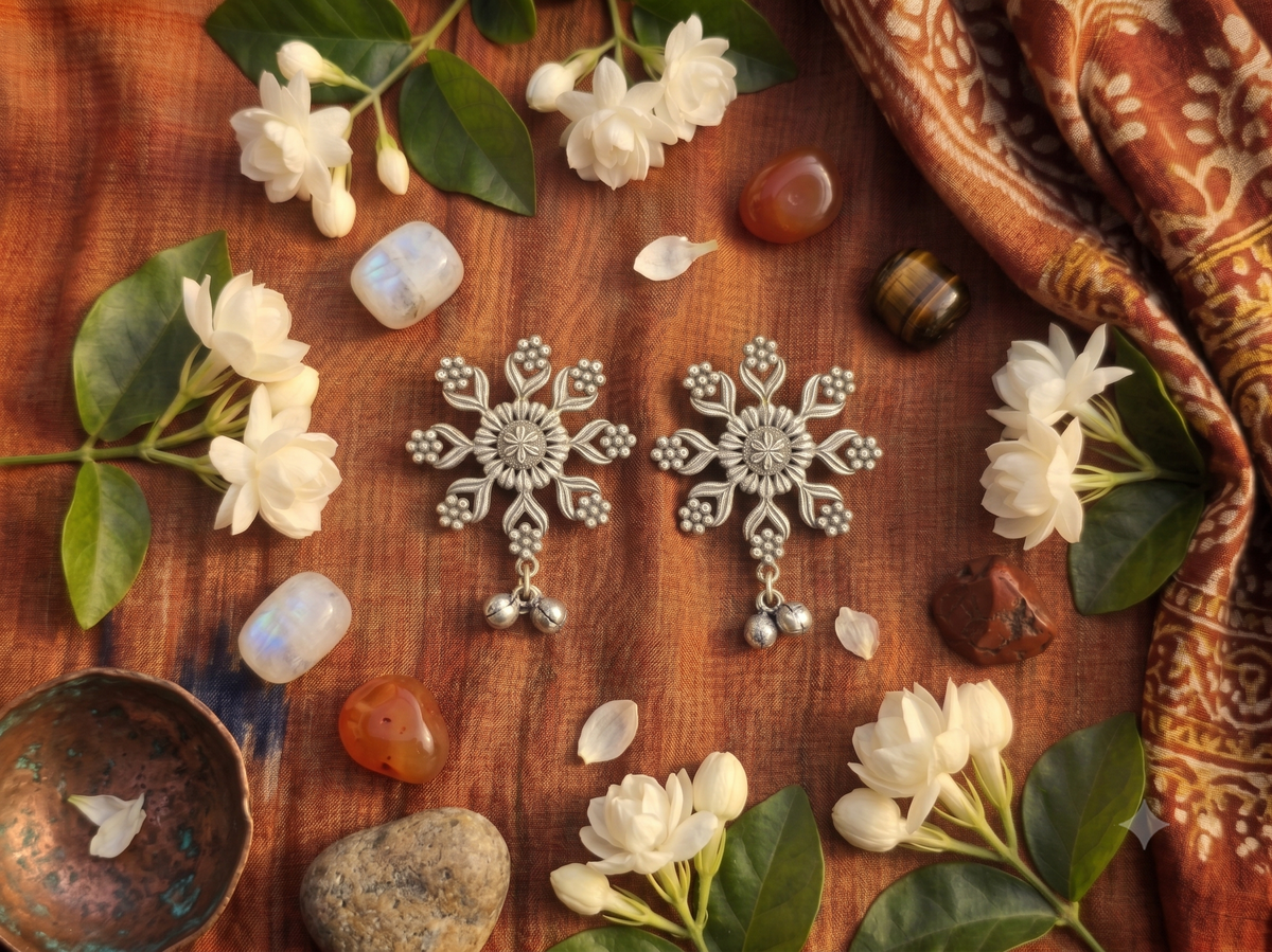 Oxidized Silver Floral Starburst Studs with Ghungroo