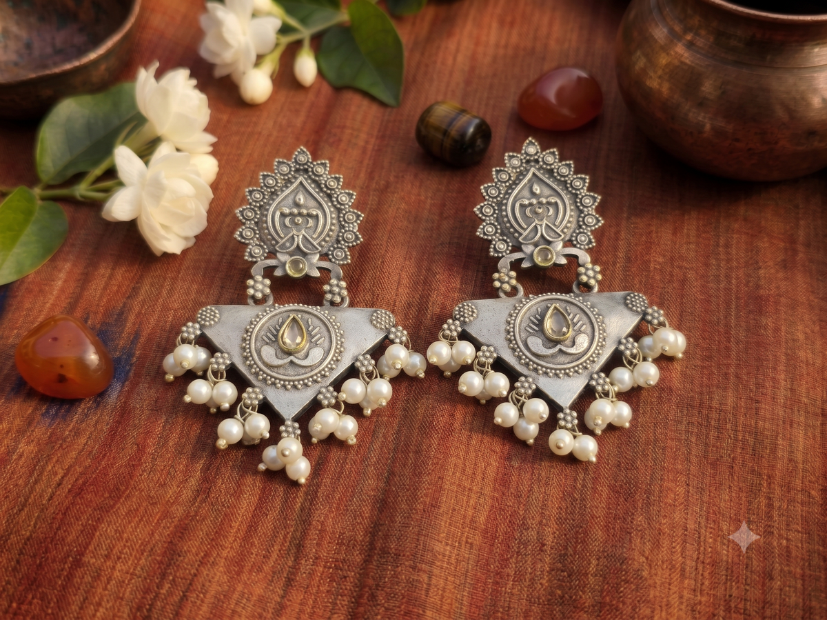 Oxidized Silver Geometric Danglers with Kundan & Pearl Drops