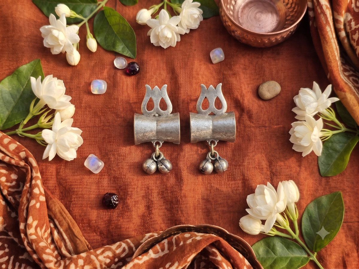 Antique Oxidized Drum & Trishul Ghungroo Earrings