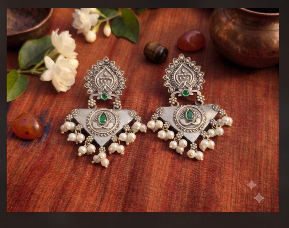 Oxidized Silver Geometric Danglers with Kundan & Pearl Drops