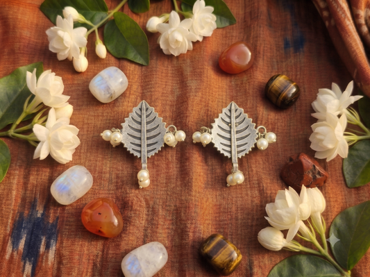 Oxidized Silver Leaf Silhouette Pearl Drop Tops