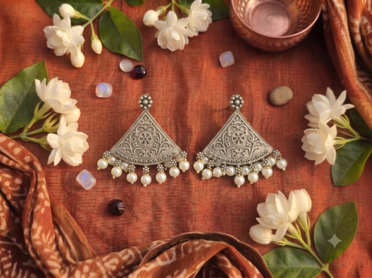 Oxidized Silver Triangular Filigree Pearl Drop Earrings
