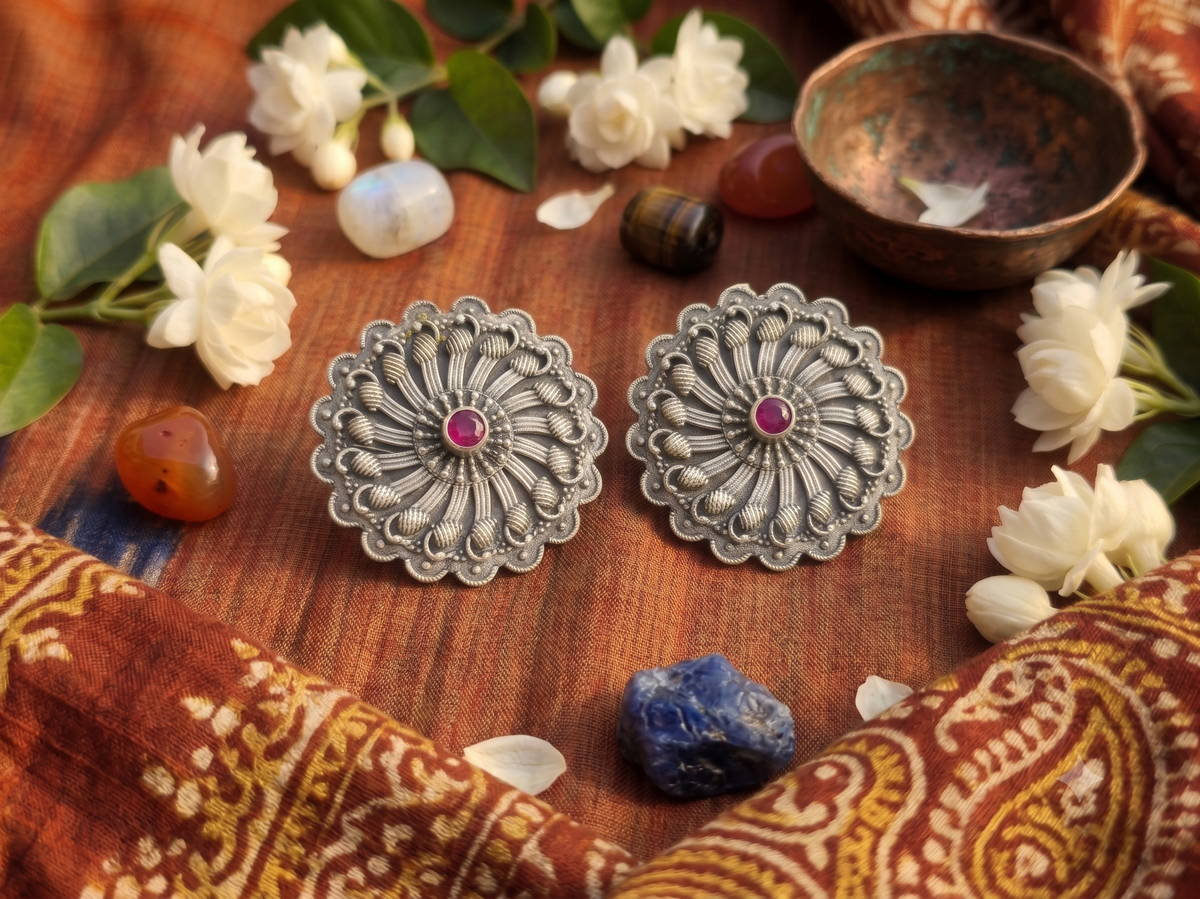 Oxidized Silver Ruby Pink Stone Circular Studs