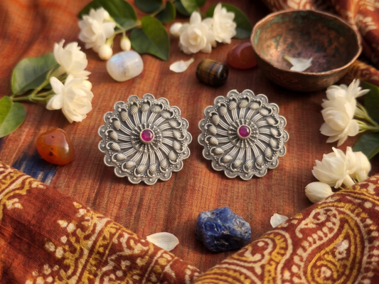 Oxidized Silver Ruby Pink Stone Circular Studs