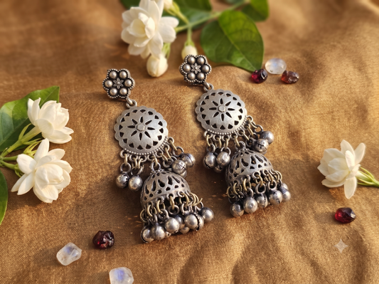 Oxidized Floral Medallion Ghungroo Earrings